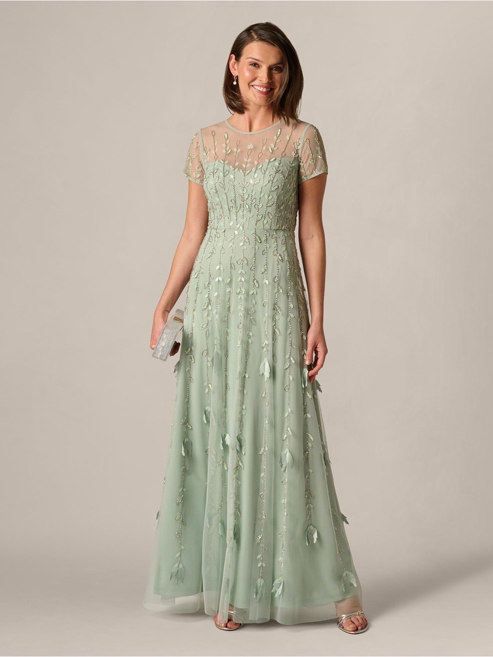 Adrianna Papell Size 10 NWT Icy Sage Beaded Embellished Formal Evening Gown GALA